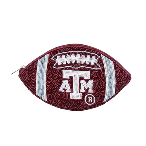 Gig'em Aggies!  It's GameDay in Aggieland and there's no better time to elevate your tailgate glam by accessorizing your Game Day clear bag with our uniquely beaded TAMU football coin bag.  This beaded coin bag is perfect for showing off your team spirit at sporting events, tailgates, or any other game day celebration.    Featuring a secure zip closure that keeps your cash, credit cards safe at the game!