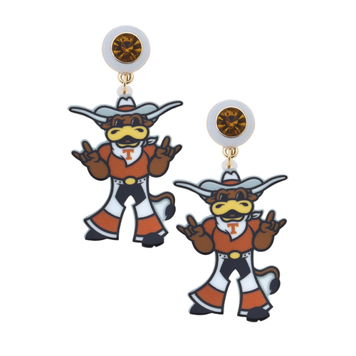 Show off your Longhorn pride with these Texas Longhorns Bevo Resin Mascot Earrings! Featuring the iconic Bevo mascot in vibrant burnt orange and white resin, these earrings add a fun and spirited touch to any outfit. Perfect for game days or everyday wear, they’re a playful way to keep your team close wherever you go.