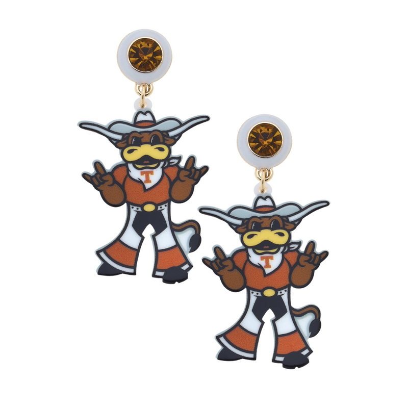 Show off your Longhorn pride with these Texas Longhorns Bevo Resin Mascot Earrings! Featuring the iconic Bevo mascot in vibrant burnt orange and white resin, these earrings add a fun and spirited touch to any outfit. Perfect for game days or everyday wear, they’re a playful way to keep your team close wherever you go.