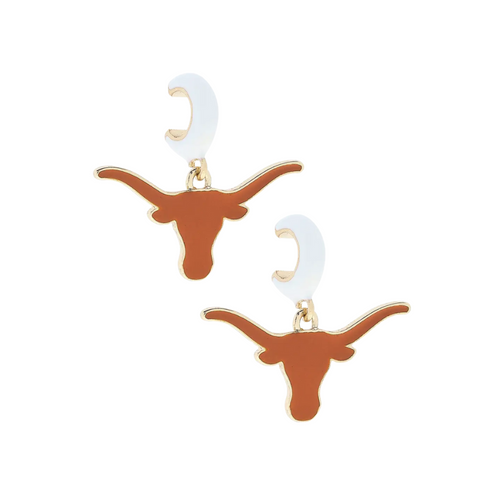 Show off your Texas Longhorns pride with a touch of sparkle! These enamel logo huggie hoop earrings blend the iconic Longhorns emblem in crisp white enamel with a shiny gold finish. Perfect for fans who want to keep it classy yet fun, they add a playful pop to any outfit while keeping your team spirit front and center.