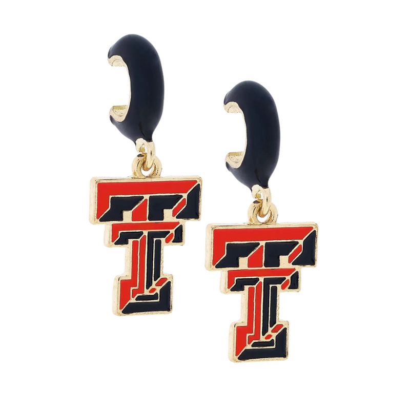 Show off your Texas Tech pride with these playful Red Raiders Enamel Logo Huggie Hoop Earrings. Featuring the iconic logo in sleek black enamel framed by shiny gold hoops, they add a fun yet stylish touch to any outfit. Perfect for game day or everyday wear, these earrings let you cheer on your team with a chic twist.