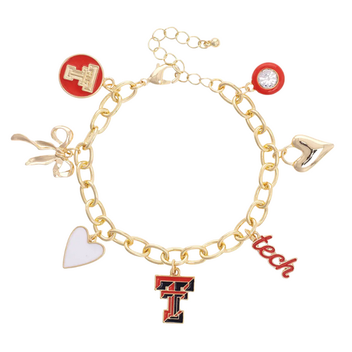 Celebrate your team pride with the Texas Tech Red Raiders Enamel Icons Charm Bracelet. This gold-plated bracelet shines with colorful enamel charms, including the iconic logo and spirited symbols. Perfect for stacking on game day or adding a playful touch to your everyday look, it’s a fun way to show your Red Raiders enthusiasm all season long. Pre-order now to secure this spirited accessory!