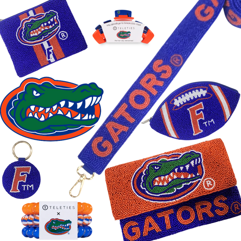 So give a cheer for the Orange + Blue!  It's GameDay in The Swamp and there's no better time to accessorize your Game Day look.   Elevate your clear bag status with our beaded UF Gators Key Chain + festive bag charm.