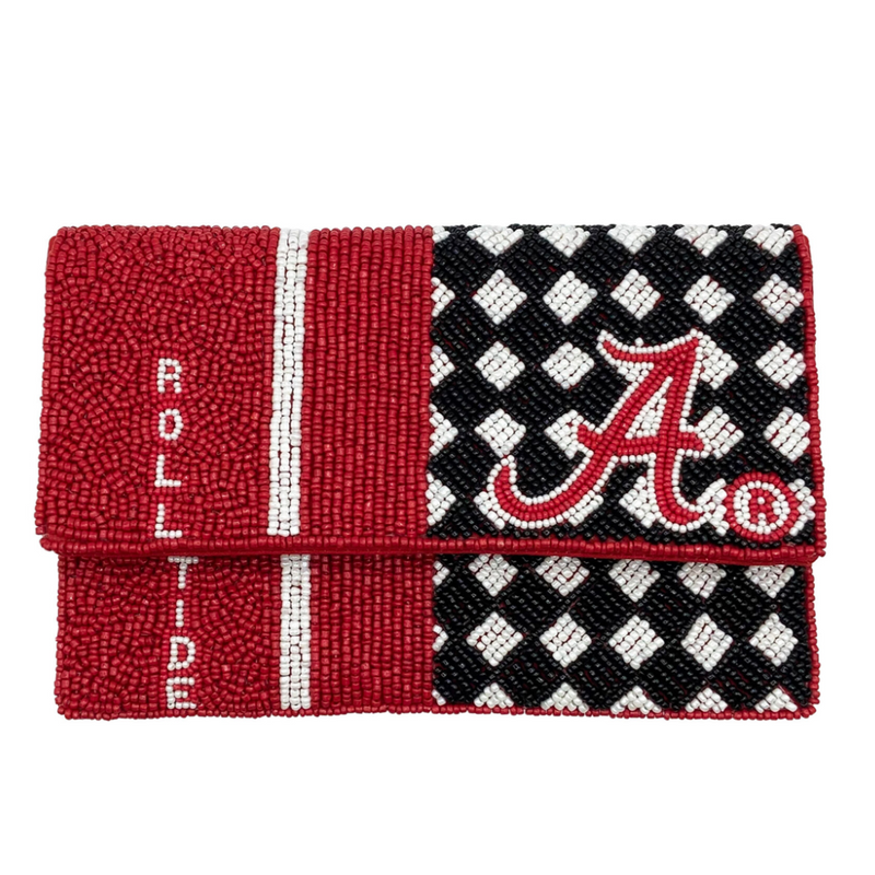 Roll Tide Roll.  Bama fans there's no better time to elevate your tailgate glam by accessorizing your Game Day look with our Roll Tide beaded clutch.  Stadium sized approved!!  Our Mini clutch features a secure snap closure that keeps your cash, credit cards, lipstick, keys + more safe at the game!