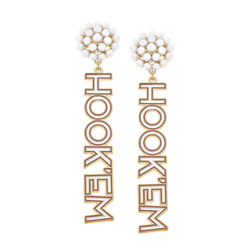 "The Eye's of Texas Are On You!" It's Game Day in Austin&nbsp;and time to show off your&nbsp;Hook'Em Horns&nbsp;spirit!

Get ready for the big game in our UT Texas Longhorns Hook 'Em Pearl Cluster enamel dangles!&nbsp; Lightweight and easy to wear all day game day! 