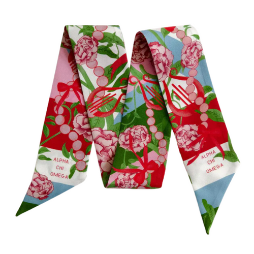 Show off your Alpha Chi Omega pride with this playful silk scarflette! With cheeky winks to lyres and pearls, this sassy accessory jazzes up any look while keeping your sorority spirit alive. Slip it on and transform even the most boring outfit into a fun fashion statement that screams "sisterhood with style!"