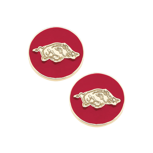 Show your Razorback spirit with these adorable Arkansas Razorbacks Logo Circle Stud Earrings! The iconic cardinal enamel logo pops against a gleaming gold circle, making these the perfect playful accessory for game days, tailgates, or just showing off your team pride around town. These cute studs are small enough for everyday wear but bold enough to make fellow fans say "Woo Pig Sooie!" wherever you go!