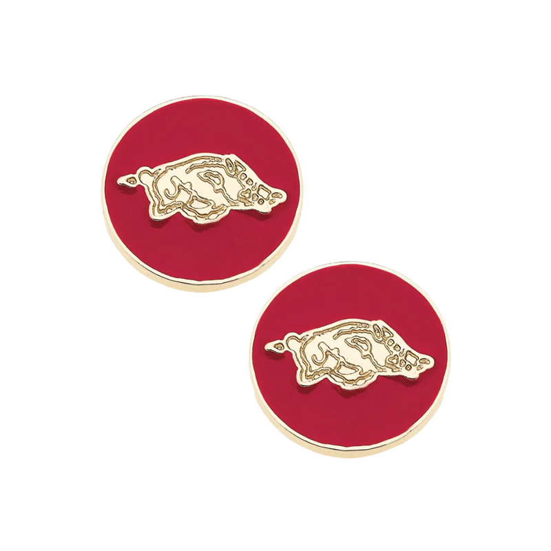 Show your Razorback spirit with these adorable Arkansas Razorbacks Logo Circle Stud Earrings! The iconic cardinal enamel logo pops against a gleaming gold circle, making these the perfect playful accessory for game days, tailgates, or just showing off your team pride around town. These cute studs are small enough for everyday wear but bold enough to make fellow fans say "Woo Pig Sooie!" wherever you go!