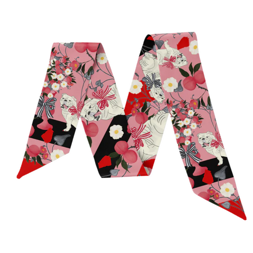 This vibrant little scarflette is bursting with hometown charm! Featuring a delicate floral print in sweet shades of pink and red (hello, southern sass), it’s sprinkled with the cutest bulldog silhouettes — a playful nod to everyone's favorite four-legged mascot. Whether you’re cheering from the stands or strolling downtown, this design brings all the Athens spirit wrapped in silky softness.

Made from luxe 100% silk twill, it’s the ultimate wear-everywhere accessory: tie it around your neck, pop it on a ba