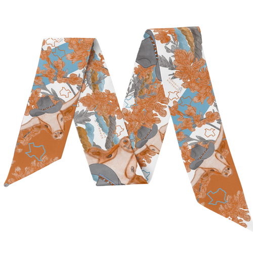 This vibrant little scarflette is bursting with ATX attitude and Southern charm! Featuring a delicate floral print in fiery shades of burnt orange and blush, it’s sprinkled with the cutest longhorn silhouettes — a playful nod to Texas pride and that legendary mascot we all love. Whether you're tailgating, two-stepping, or just strolling SoCo, this design wraps you in silky-soft Longhorn spirit.