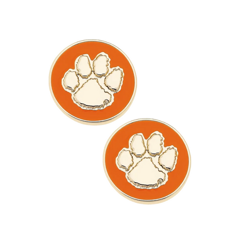 Show your Clemson Tigers pride with these eye-catching circle stud earrings! The vibrant orange enamel logo pops against shiny gold, adding a playful touch to game day outfits or everyday wear. These compact accessories pack a mighty roar of team spirit while keeping your style game strong. Perfect for loyal fans who love to sparkle!