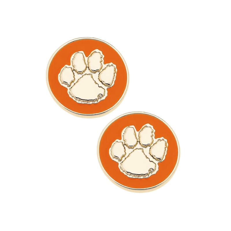 Show your Clemson Tigers pride with these eye-catching circle stud earrings! The vibrant orange enamel logo pops against shiny gold, adding a playful touch to game day outfits or everyday wear. These compact accessories pack a mighty roar of team spirit while keeping your style game strong. Perfect for loyal fans who love to sparkle!