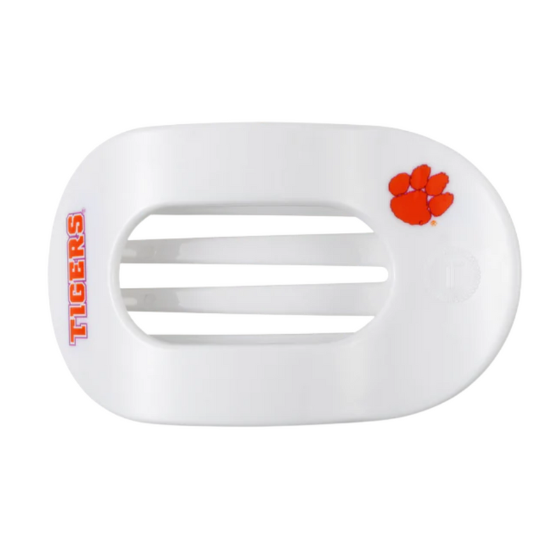 Unwind and relax with the newest TELETIES Flat Round Hair Clip! Designed with the same innovative material that is nearly unbreakable, this clip is perfect for lying down, doing yoga or simply laying back without discomfort. Hold your hair and enhance your style with the new Clemson University TELETIES Clip! Go Tigers!&nbsp; &nbsp;