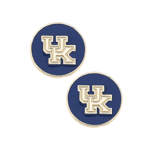 Add a chic touch of school spirit with the Kentucky Wildcats Logo Circle Stud Earrings in Blue/Shiny Gold. Featuring the Wildcats' logo in vibrant blue enamel set in a sleek gold frame, these earrings are perfect for any fan looking to showcase their team pride in a subtle yet stylish way.