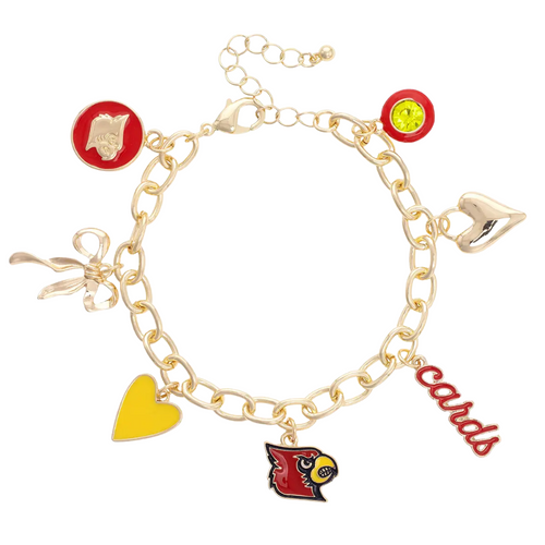 Show your Cardinal pride with the Louisville Cardinals Enamel Icons Charm Bracelet. This gold-plated bracelet sparkles with colorful enamel charms, featuring the team logo and spirited symbols. Perfect for stacking or wearing solo, it adds a playful touch to any game day outfit or season-long look.