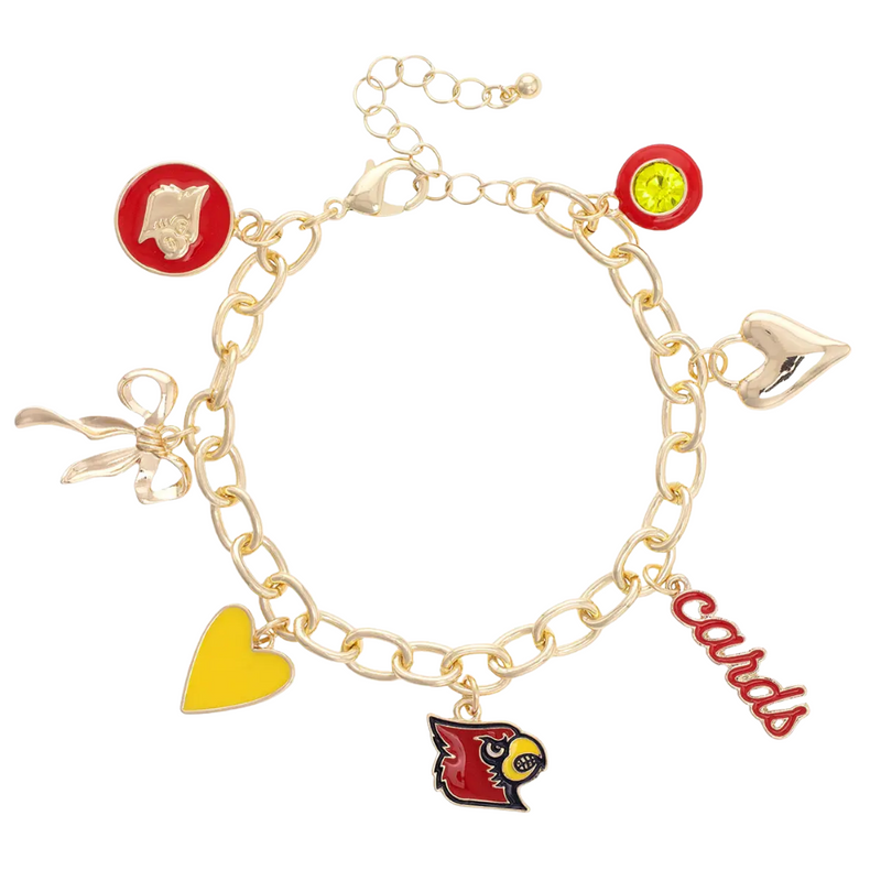 Show your Cardinal pride with the Louisville Cardinals Enamel Icons Charm Bracelet. This gold-plated bracelet sparkles with colorful enamel charms, featuring the team logo and spirited symbols. Perfect for stacking or wearing solo, it adds a playful touch to any game day outfit or season-long look.