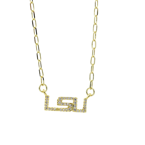 Roar with Tiger pride in our LSU Rhinestone Necklace! This eye-catching piece sparkles with purple and gold brilliance, featuring a dazzling rhinestone pendant that shows off your LSU spirit. Perfect for game days in Death Valley, tailgates, or any time you want to let your Tiger pride shine! Geaux Tigers in style with this playful, spirited accessory!