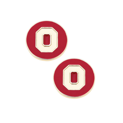 Flaunt your Buckeye spirit with these sassy Red/Shiny Gold Ohio State Logo Circle Stud Earrings! These playful accessories showcase the beloved Buckeyes emblem in bold red enamel, perfectly nestled in a gleaming gold circular setting. Pop these fun studs on and you'll be game-day ready in a flash – the ultimate way to sparkle with team pride wherever you go!