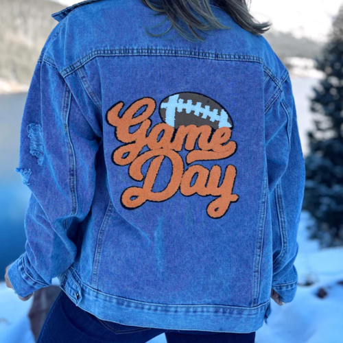 THE PERFECT layering piece. This oh so comfy script game day chenille-patch denim jacket will have you GameDay ready for those cool football nights under the lights.  Layer over your favorite gameday hoodie, tank or tee.  Or throw on over a white v-neck with your favorite black leggings with booties or cute sneaks for a casual weekend vibe