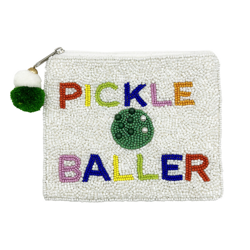 Flaunt your pickleball passion with this sparkly beaded pouch featuring the cheeky "Pickle Baller" design! Not just for sports enthusiasts, this charming accessory brings a smile to anyone's face. The secure zipper topped with a bouncy pom-pom keeps your coins and trinkets from escaping while adding a playful pop to your everyday essentials. Practical meets personality in this delightful little treasure holder!