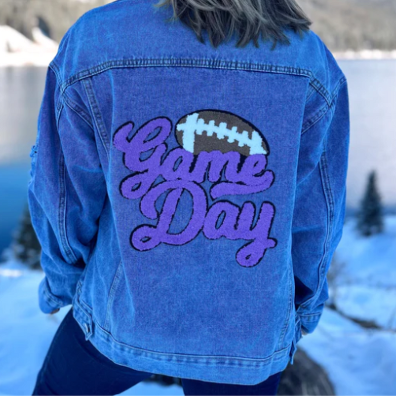 The perfect layering piece. This oh so comfy + GLAM script game day chenille-patch denim jacket will have you GameDay ready for those cool football nights under the lights.
