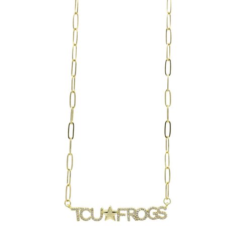 Hop into Horned Frog fashion with this eye-catching TCU FROGS gold rhinestone necklace! Sparkle brighter than a Texas sunset while showing off your purple pride. Whether you're cheering in the stands or just want to flaunt your TCU spirit around town, this glitzy accessory is sure to make fellow fans ribbit with envy!