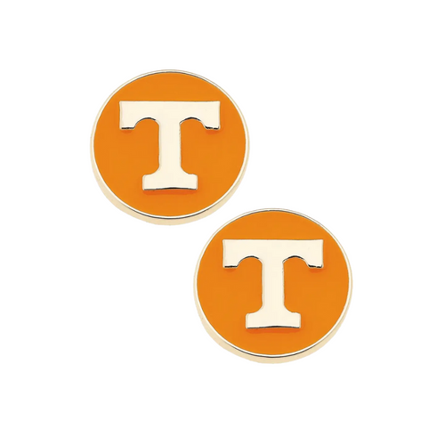Rock your Vols spirit with these adorable Tennessee Logo Circle Stud Earrings! These fun Orange/Shiny Gold accessories showcase the famous Vols emblem in vibrant orange enamel, perfectly hugged by a gleaming gold border. These playful studs are just the ticket to jazz up your outfit with a splash of Tennessee pride – perfect for game days or just showing off your team love wherever you bounce!