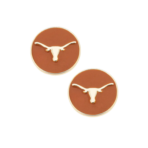 Show your Longhorn pride with these Texas Longhorns Logo Circle Stud Earrings in Burnt Orange/Shiny Gold. Featuring the iconic Longhorns logo in vibrant burnt orange enamel and set in shining gold, these studs are the perfect accessory for fans who want to shine bright while supporting their team.