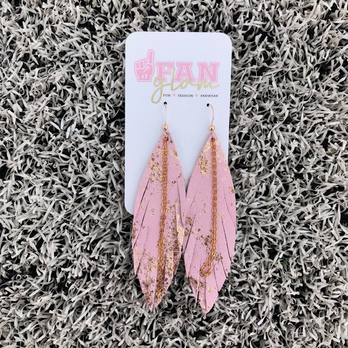 Add a little pretty-n-pink boho flair to your GameDay style when sporting these one-of-a-kind Blush/Metallic Rose Splash rose gold chain earrings.