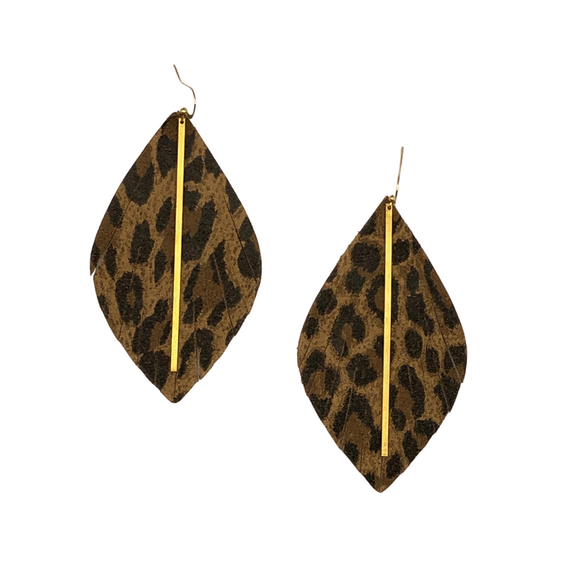 Add a little boho flair to your GameDay style when sporting our fabulous Lovely Leopard Leather feather stunners, featuring our signature golden brass bar. 