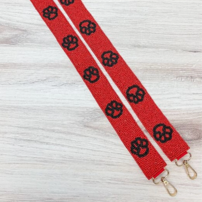Beaded GameDay Bag Straps Are Here!  Our oh so cute dual team colored paw print straps are the purr-fect addition to your GameDay assemble.  