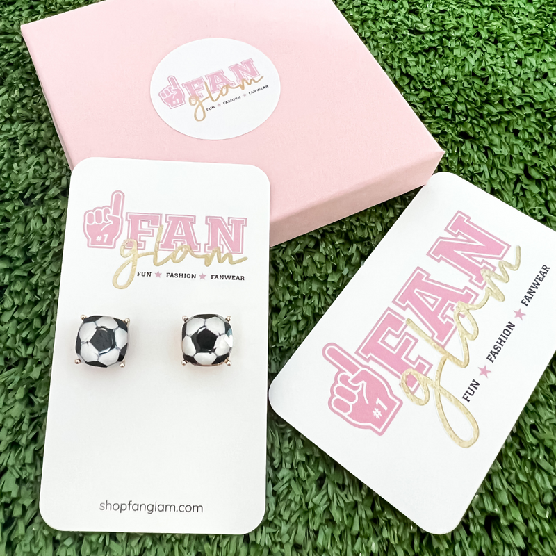 Sporty and chic our Brand New Beveled Sports Ball Stud Collection is our NEW GameDay favorite!    Available in four different sports ball options, Football, Soccer, Baseball and Softball you'll be glam in the stands for each of your player's favorite teams!  Collect all 4!