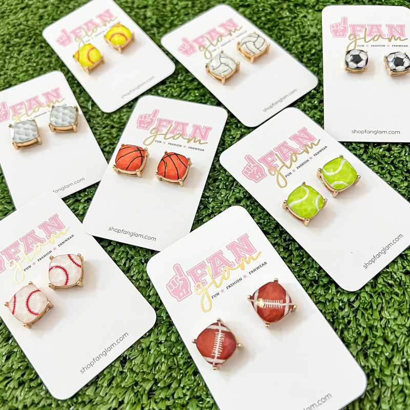 Sporty and chic our Brand New Beveled Sports Ball Stud Collection is our NEW GameDay favorite!    Available in eight different sports ball options, you'll be glam in the stands for each of your player's favorite teams!  Collect all 8!