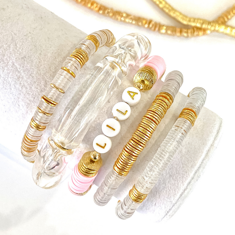 We are in LOVE!!  Introducing our NEW Clear + Gold 6mm Stacks!  The freshest twist on your GameDay stack.  Mix and match with any team color combo, its the perfect add on that goes with everything!   $24 For 1, or Stack Up and Save!  $44 For Two and $64 for Three!