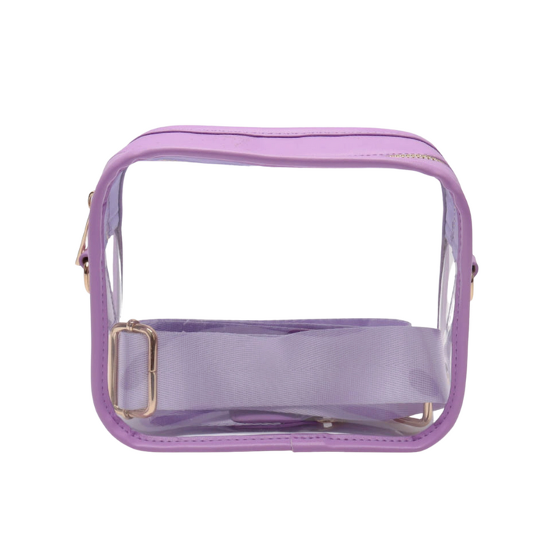 It's Here!!!  Our GamedDay stadium compliant crossbody zip bag!  Featuring a clear PVC body with 9 versatile trim colors and gold accents.  Comfortable and roomy, this bag is perfect for the GameDay girl who likes to come prepared!  The main compartment features a zip closure that secures your personal items safely within.  A self colored, comfortable and adjustable crossbody strap, making it easy to swap out with all your favorite team colored bag straps!