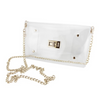 It's Here!!!  Our GamedDay stadium compliant crossbody envelop bag, features a clear PVC body with your choice of gold or silver hardware accents and a beautifully timeless interchangeable accent chain.