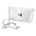 It's Here!!!  Our GamedDay stadium compliant crossbody envelop bag, features a clear PVC body with your choice of gold or silver hardware accents and a beautifully timeless interchangeable accent chain.