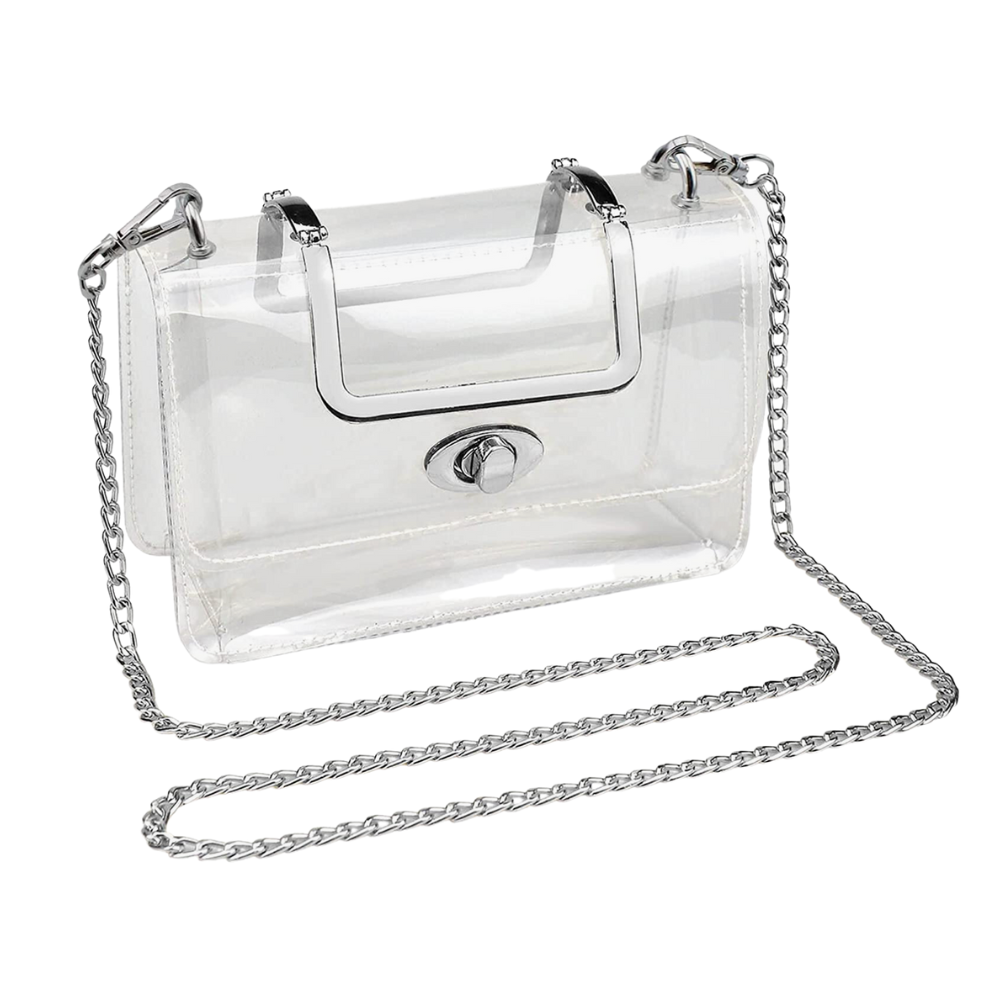 Clear Stadium Bag With Silver Top Handles Silver Twist Lock Accents