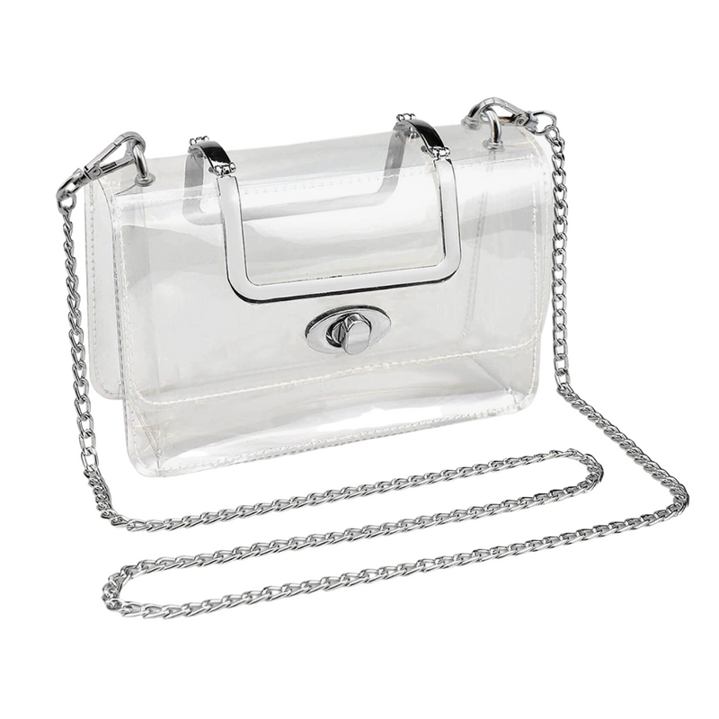 It's Here!!!  Our GameDay stadium compliant crossbody top handle bag, features a clear PVC body with classic gold hardware.  Accented with a beautiful and timeless chain link strap, that easily removes to incorporate your favorite team colored bag straps  The main compartment features a roomy compartment including a turn lock closure for securing your personal items safely within.
