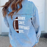 Our Fall motto paired on the perfect layering piece. This oh so comfy and stylish denim shacket will have you GameDay ready for those cool football nights under the lights.  Layers perfectly over your favorite Gameday hoodie, tank or tee.  Or layer over a white v-neck with your favorite black leggings with booties or cute sneaks for a weekend casual vibe.