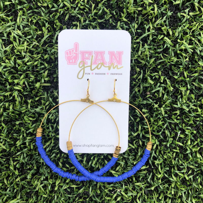 Named after our Fun, Fashion, Fanwear owner... The Erika hoop earrings are a fan favorite.  Colorful yet playful, you will make a bold statement with these featherweight hoops when cheering in the stands.