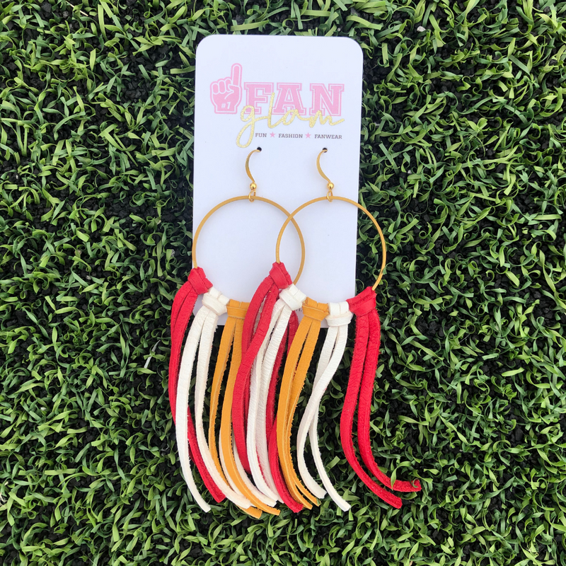 Make a bold statement in these boho fringe hoop beauties!  Design your favorite team combination by choosing one, two or three colors!