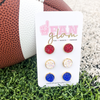 Our GameDay Circle Stud Earrings are the perfect pop of color for game time and a fun substitute for your everyday earrings!  Our curated trio collection in patriotic colors, Shimmery Red, White and Classic Blue are great staples for your Game Day ensemble and all your festive holiday celebrations.   Each color is sold separately for $16 or buy as a trio and get Buy 2 Get One Free!