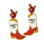 Show your college spirit on game day with these uniquely beaded cowgirl boot dangle earrings.  Stand out in the crowd with these one-of-a-kind Game Day gems.
