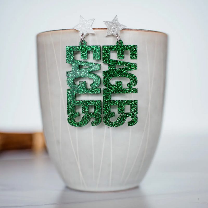 Our Game Day Eagles Glitter Glam Earrings are the perfect pop of color + sparkle for game time! Super lightweight and comfortable, you'll forget you have them on.