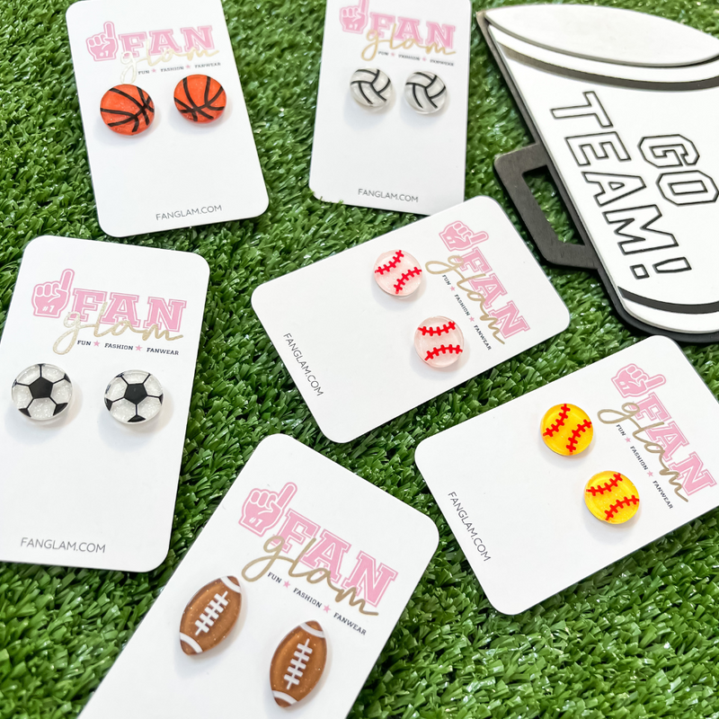 Glitter & Shine On The Sidelines When Wearing Our GameDay Glitter Glam Sports Ball stud earrings.  Sporty + Chic, They Will have You Ready For Game Time!  Super lightweight and comfortable, you'll forget you have them on.