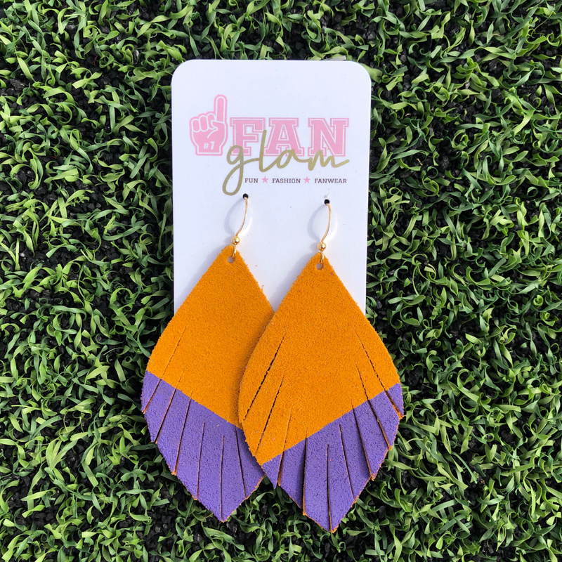 Stand out in the stands when wearing your favorite teams colors!  Our leather hand-painted duo colored feather earrings are the perfect accessory to coordinate your GameDay ensemble.  