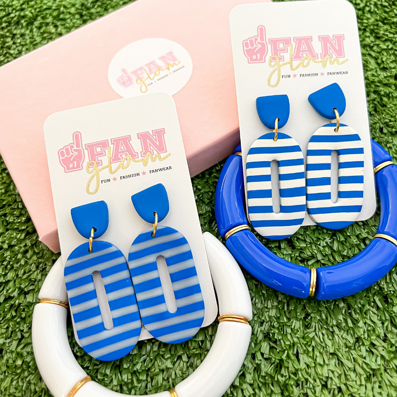 Our GameDay Tam Clay Co Blue + White Collection features five collectable styles, it's the perfect way to add team color and a fun pop of print to your gameday attire.  Be the talk of the stands when you arrive wearing these stunning, one-of-a-kind pieces of Glam ear art - collect all five, your jewelry box will love you for it!