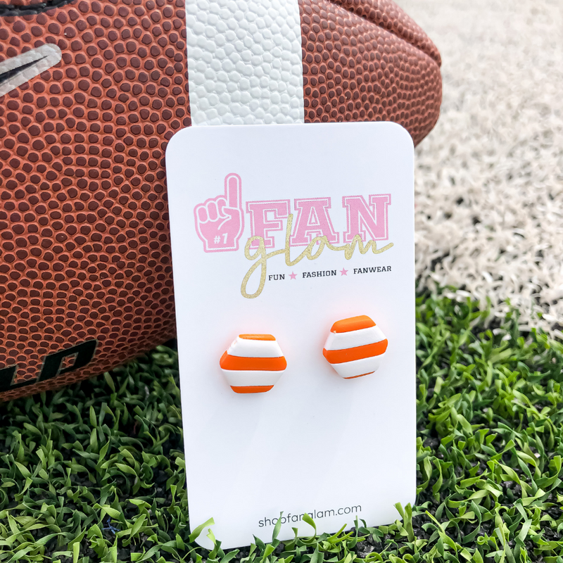 Our GameDay Tam Clay Co Orange Collection features four collectable styles, it's the perfect way to add team color and a fun pop of print to your gameday attire.  Be the talk of the stands when you arrive wearing these stunning, one-of-a-kind pieces of Glam ear art - collect all four, your jewelry box will love you for it!