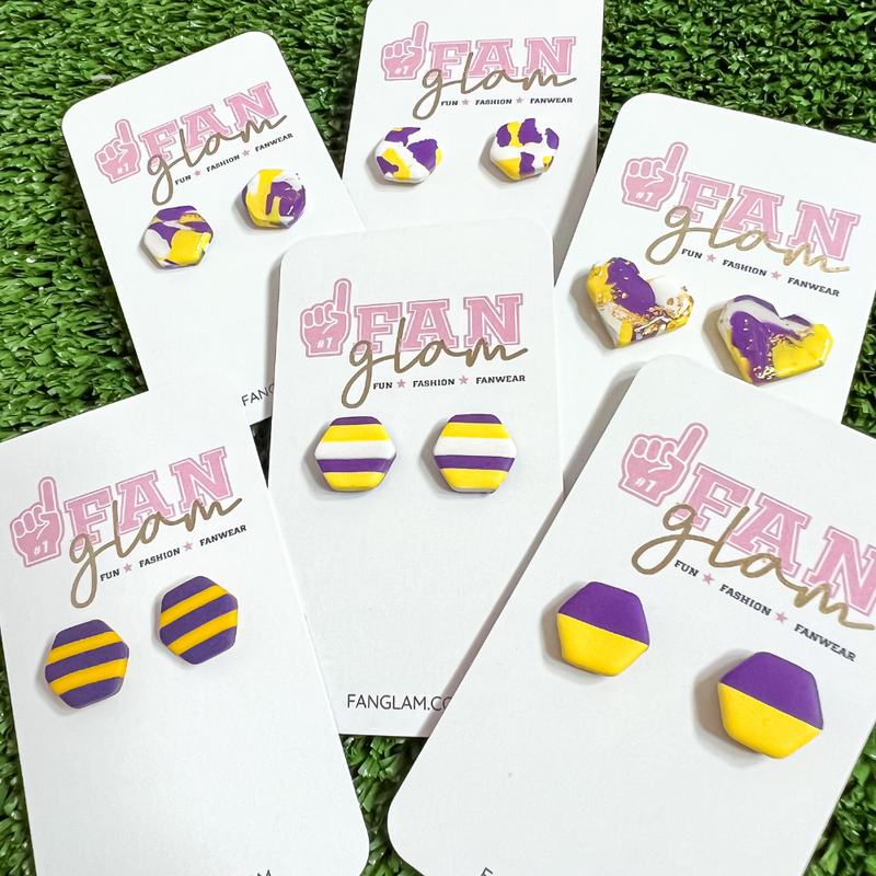 Get ready for this weeks game with our GameDay Tam Clay Co Purple + Yellow Collection!  It's the perfect way to add a pop of color and fun print to your game day attire.